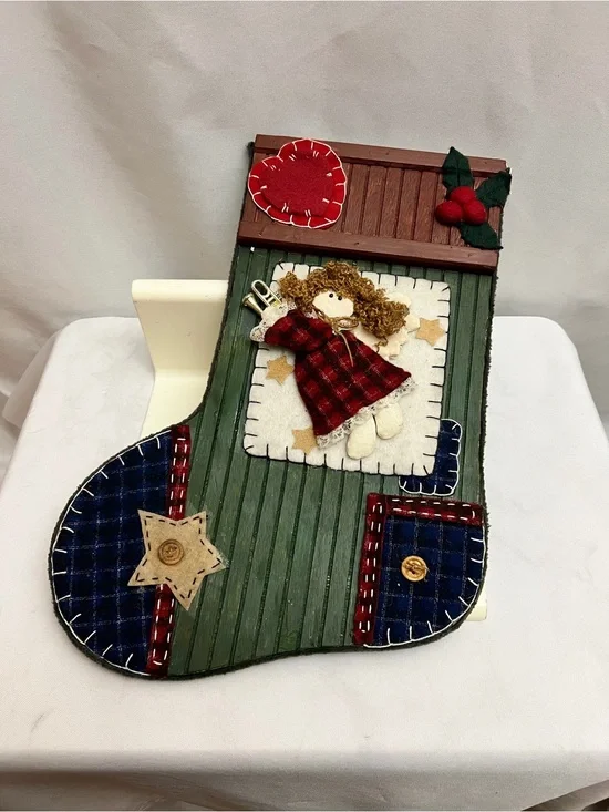 Handmade Rustic Christmas Angel Stocking Wall Hanging Felt Wood Primitive Decor