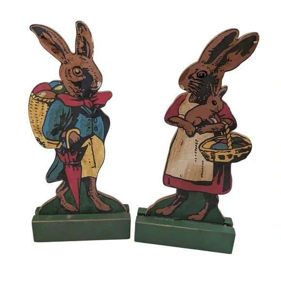 Vintage Wooden Easter Bunny Shelf Sitters Set of 2 Rabbit Folk Art Decor 9.5in