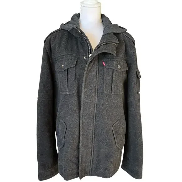 Levi's Jacket Coat Men's Large Grey Black Hooded Full Zip Snaps Patch Pockets