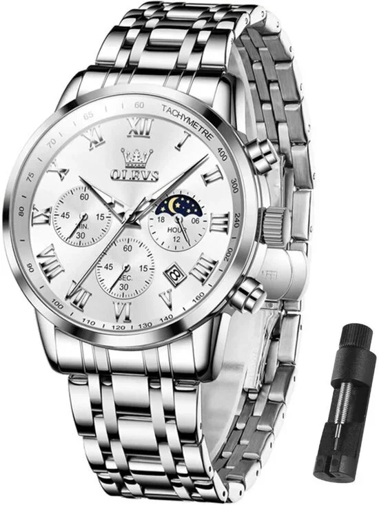 Olevs Men's Silver Multifunction Waterproof Luminous Chronograph Wrist Watch