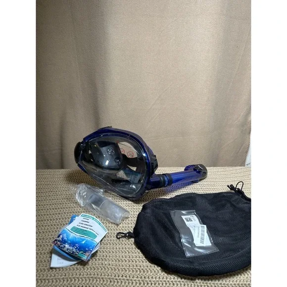 Greatever Full Face Snorkel Mask 180 Panoramic View Anti-Fog Blue Foldable