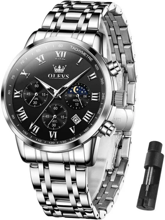 Olevs Men's Silver Black Multifunction Waterproof Luminous Chronograph Watch