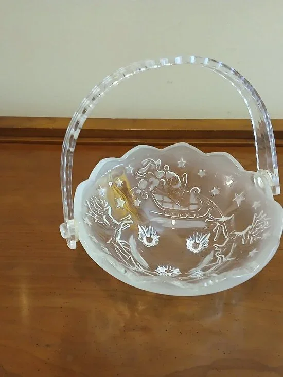 Vintage Christmas Santa & Reindeer Frosted Glass Basket w Lucite Plastic Handle