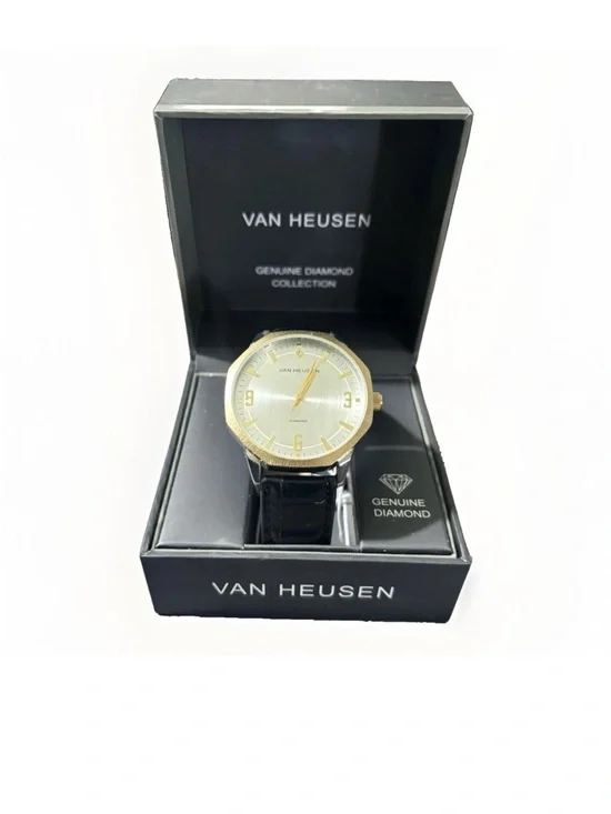 Van Heusen Gold Tone & Black Leather Dress Watch