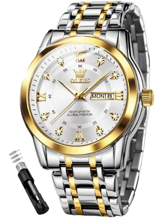 Olevs Men's Silver Gold Diamond Wrist Quartz Stainless Luminous Luxury Watch