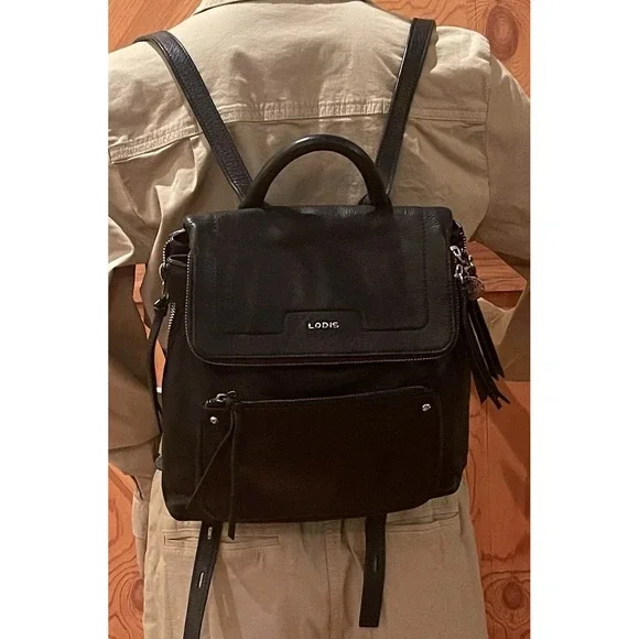 Lodis Black Pebbled Leather Laptop Backpack Work Commute Minimalist Travel