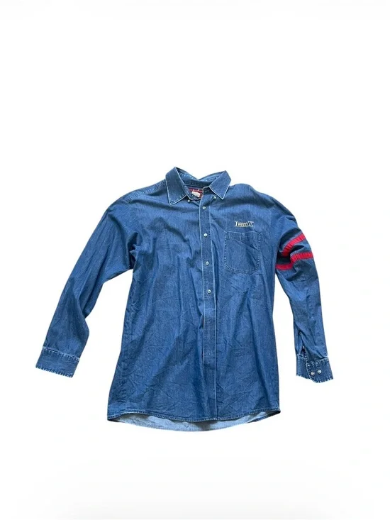 Levi's Blue Denim Button-Down Shirt with Red Stripe Sleeve Accent