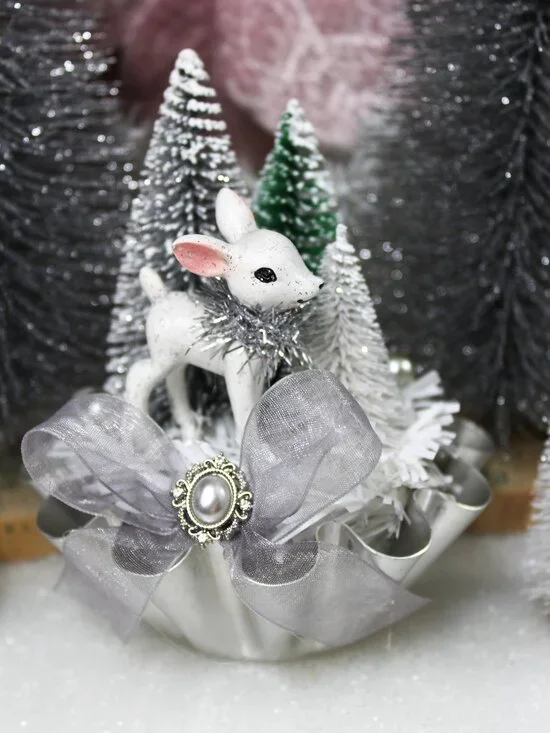 Silver Christmas Assemblage: Retro White Deer Bottle Brush Trees Vintage Tin