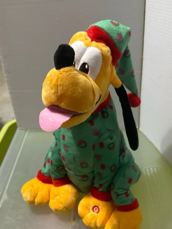 Gemmy Yellow Plush Dog in Green Holiday Pajamas with Pink Tongue