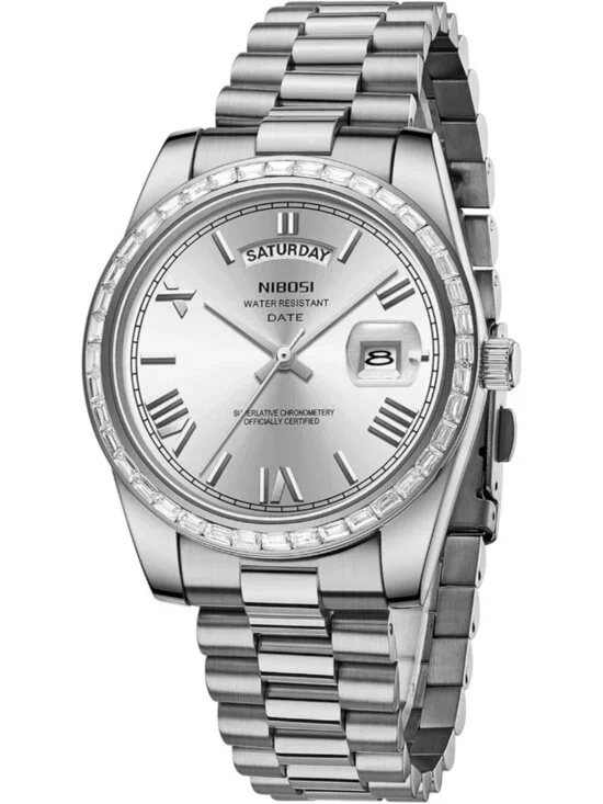 Nibosi Men's Silver Analog Quartz Diamond Bezel Stainless Steel Waterproof Watch