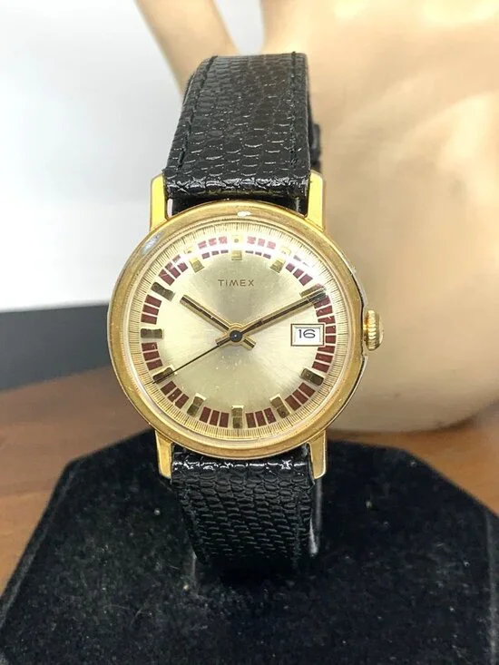 Timex Men's Watch Vintage Manual Wind Gold Dial Black Leather Strap 33mm
