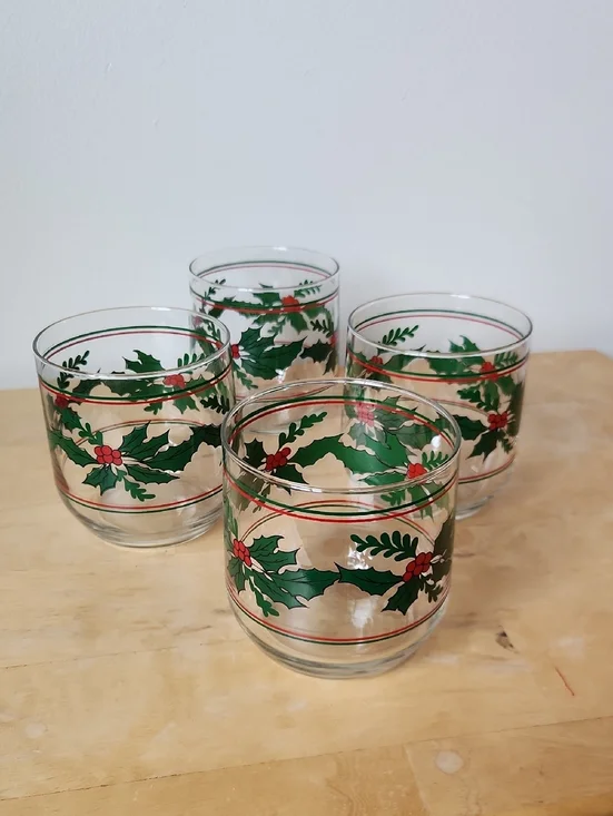 Vintage Libbey Holiday Holly Berry Low Ball Glasses Set of 4