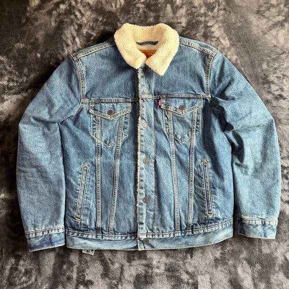 Levi's Mens Trucker Jacket M Blue Cotton Faux Fur Lined Denim Sherpa Coat