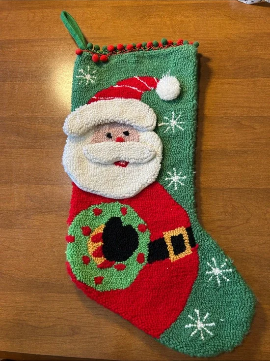 Handcrafted Green and Red Santa Christmas Stocking