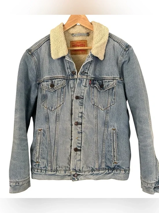 Levis Sherpa Lined Trucker Jacket Light Wash Denim Fleece Type III Unisex Large