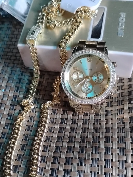 Gold Tone Crystal-Accent Quartz Watch and Chain
