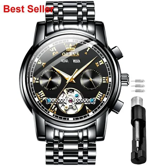 Automatic Mechanical Tourbillon Watch, Stainless Steel, Waterproof, Luminous