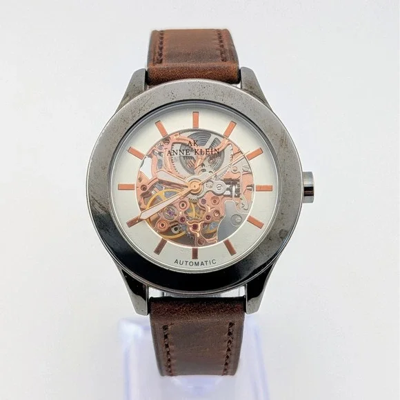 Anne Klein Automatic Skeleton Watch Rose Gold Tone Brown Leather 40mm TY2807RG