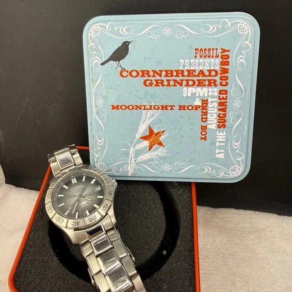 Vintage Fossil Blue Watch Silver Charcoal Dial Stainless Steel Mens 40mm READ