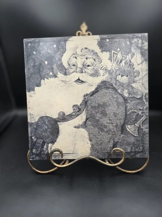 Vintage-Style Santa Holiday Wall Art Plaque in Black and Cream