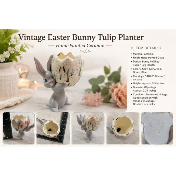 Vintage Easter Bunny Tulip Planter Hand Painted Ceramic Gray Rabbit Egg 4078‎