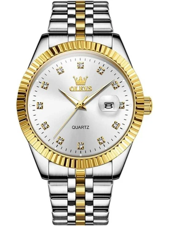 Olevs Mens Silver Gold Luxury White Dimond Dot Face Analog Quartz Luminous Watch