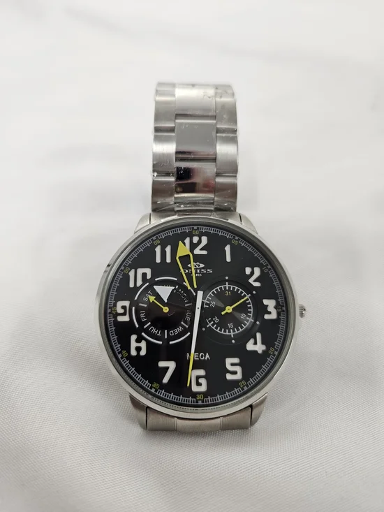 Men's Stainless Steel Watch with Black Dial and Yellow‎ Accents