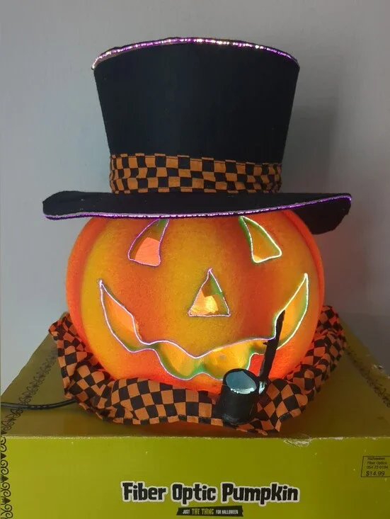 2004 Halloween Pumpkin Light Up Fiber Optic Jack O Lantern Smoking Pipe Top Hat