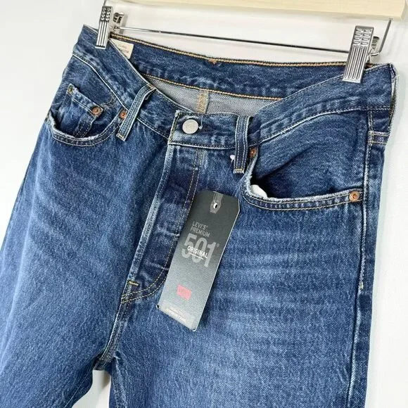 Levi’s Premium Denim 501 Rolled Hem Straight Jeans 29x32 Medium Dark Wash Button