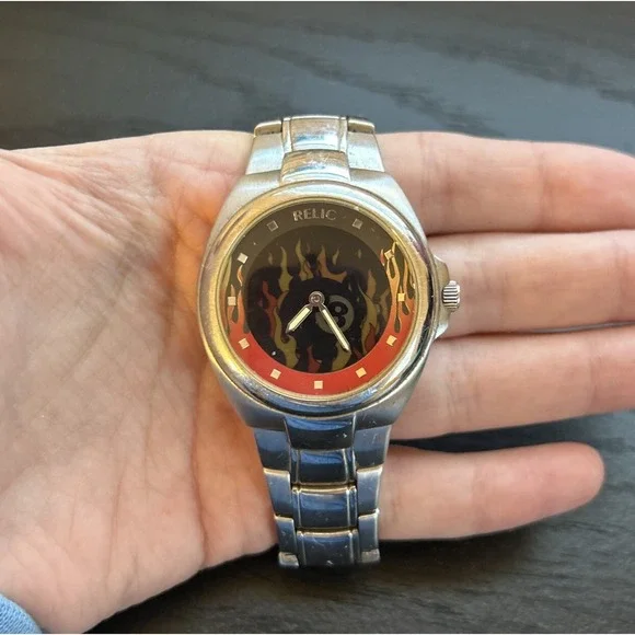 Super Rare Working Relic By Fossil Men's Wrist Watch Moving 8Ball Flame Dial