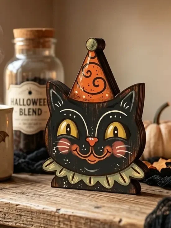 Wooden Halloween Black Cat shelf Decor new