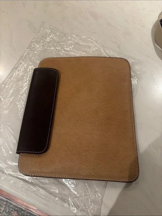 Two-Tone Leather Calf Hair Portfolio Case in Tan and Dark Brown