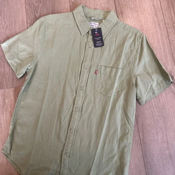 Levi's Linen Blend SS Lightweight Shirt Pocket Green Small Travel‎ Beach NEW