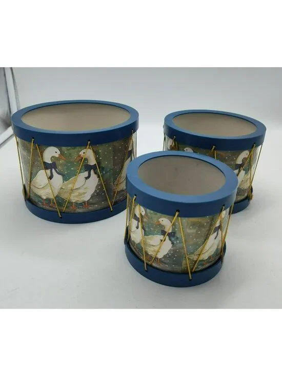 Vintage Winter Geese 3 pc Nesting Drum Container Set, Country Blue, Taiwan