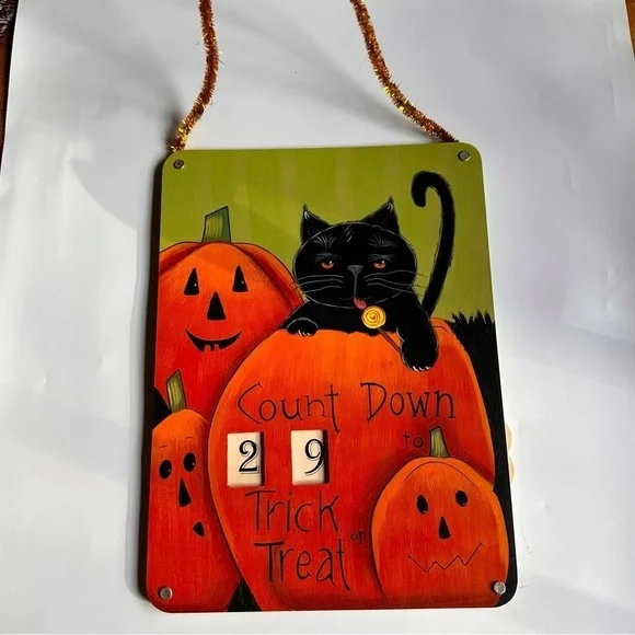 Handpainted Halloween Count Down Wooden Hanging Sign with Pumpkins and Cat