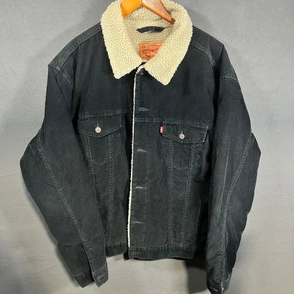 Levis 70520 Black Corduroy Sherpa Lined Trucker Jacket Mens XL Coat Y2K