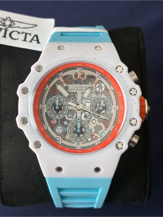 Invicta White Watch with Coral Orange Bezel and Aqua Strap