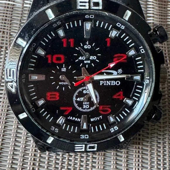 Pinbo Mens Sport Watch Black Red Japan Movt‎ Silicone Band Racing Style Analog