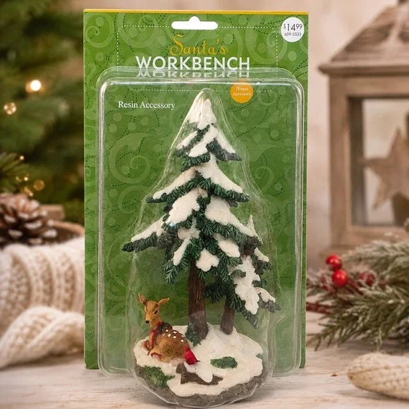 Vintage Santas Workbench Resin Accessory Snow Tree Deer Cardinal Village 2002