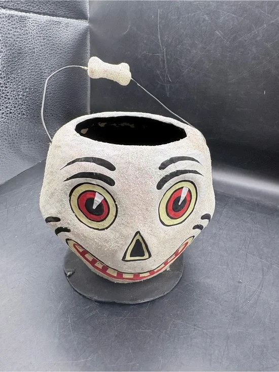 Vintage Style Halloween Skull Paper Mache Candy Bucket