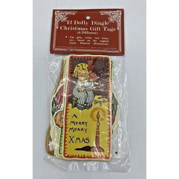 NWT 1985 Dolly Dingle Merry Christmas Gift Tags 12 (6 Diff) Hong Kong Merrimack