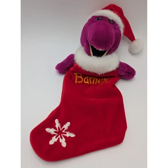 Barney Christmas Stocking Red Purple Plush Santa Hat Vintage 90s Decor