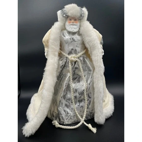 Vtg Santa Tree Topper Silver White Faux Fur Christmas Holiday Decor 13.5
