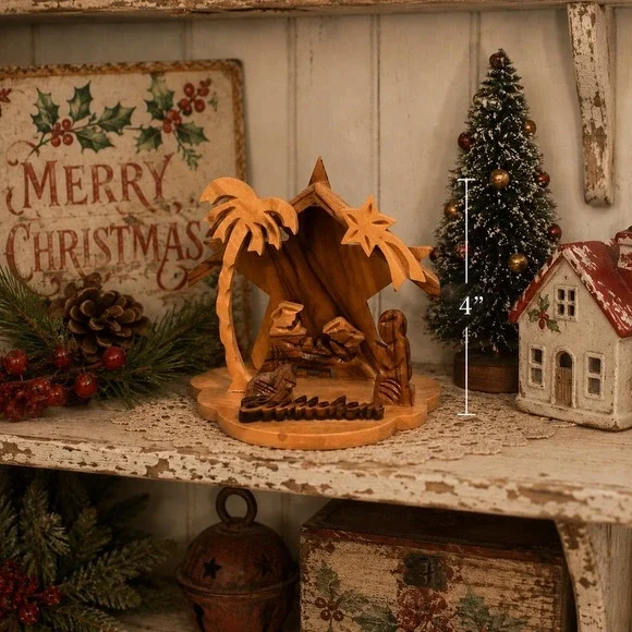 Vintage Bethlehem Olive Wood Hand Carved Nativity Scene Star Palm Tree 4.25in