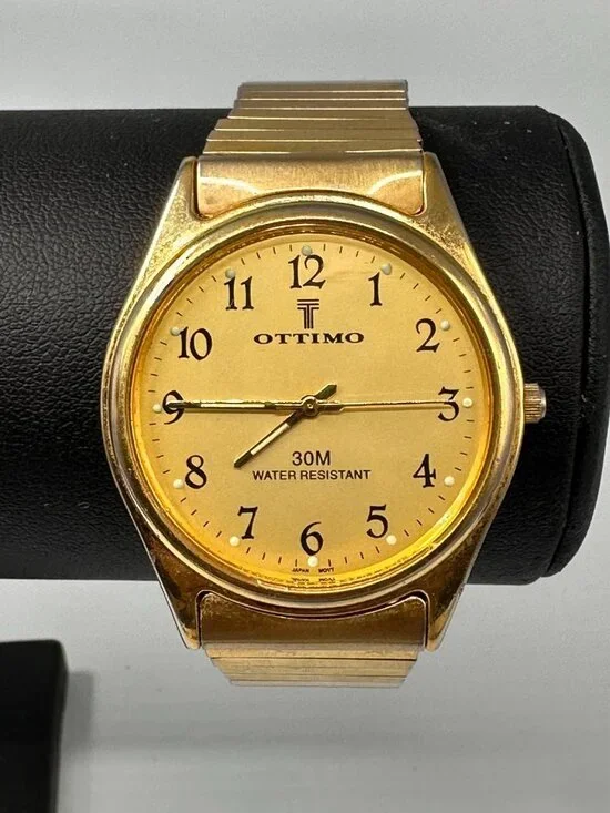 Ottimo Watch Men Gold Tone Water Resistant Stretch Band New Battery 7.5