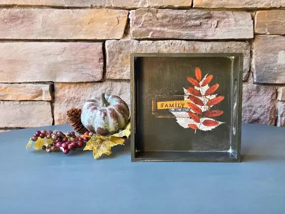 Rustic Fall Tray: Hand-Painted Leaf Accent, 'Family' Decor (6x6