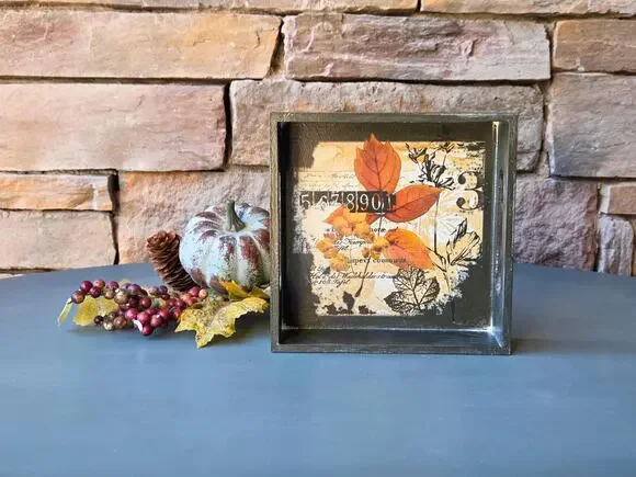 Autumn Collage Art Vintage Leaf Print with Numbers & Script Tray Fall Decor