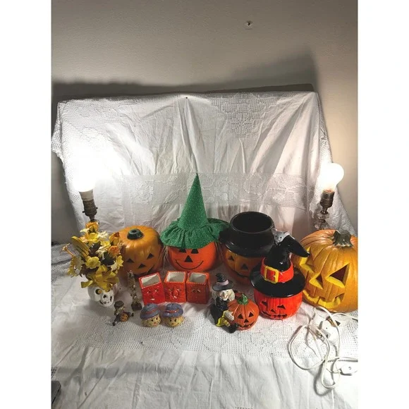 Vintage Halloween Decor Bundle Jack-O-Lantern Blow Mold Ceramic Witch Scarecrow
