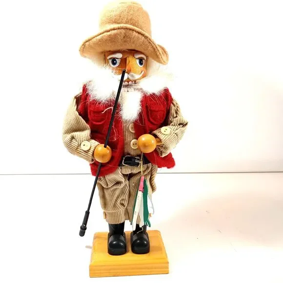 Vintage Wooden Fisherman Nutcracker Angler Red Vest Corduroy Fishing Rod