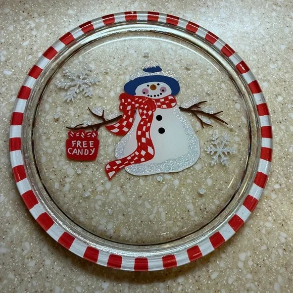 Hallmark Festive Christmas Reverse Painted Snowman Snowflake Holiday Plate 7”